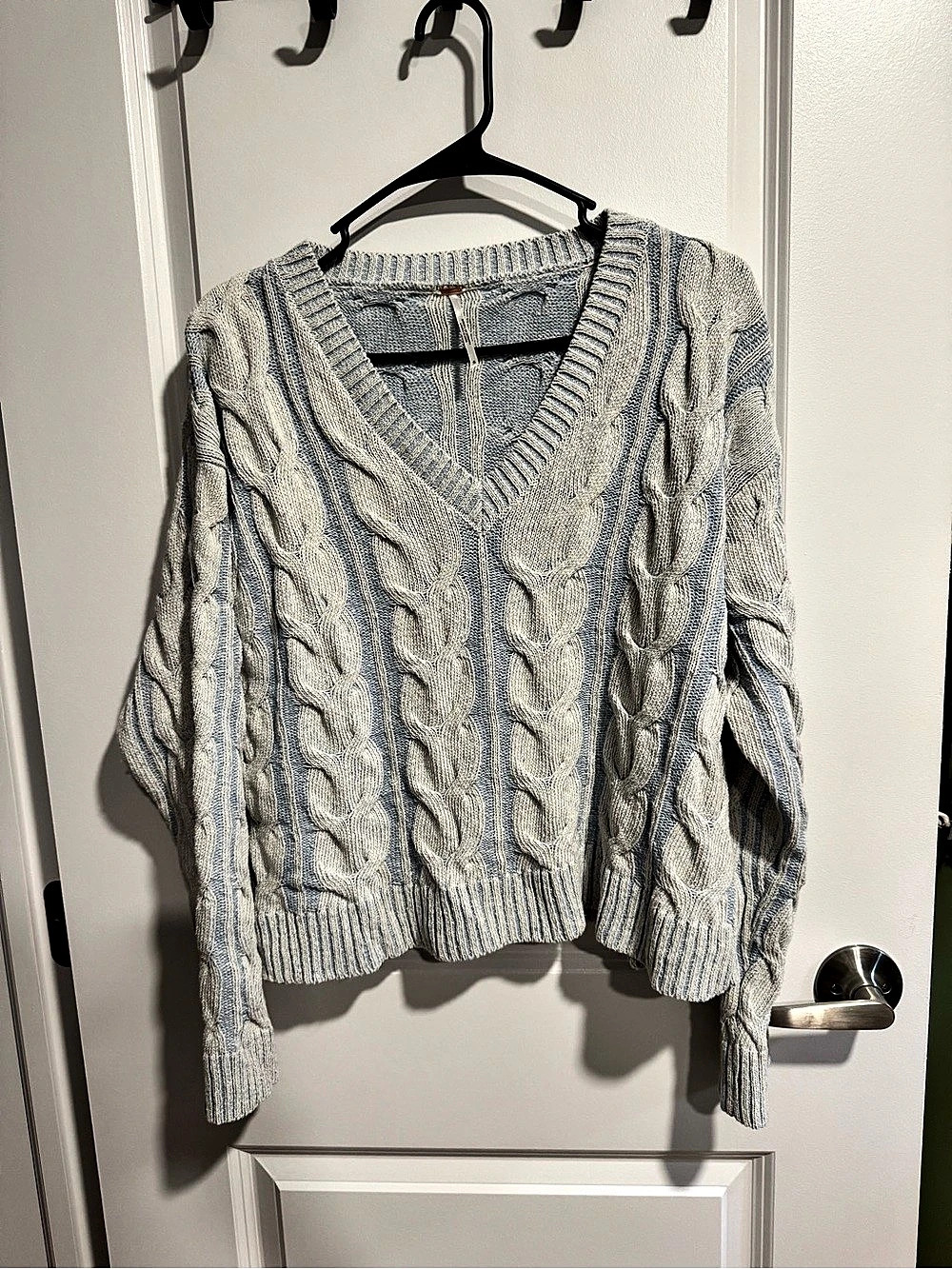 Free People Washed Cable V-Neck Sweater Cable Knit V-Neck Sweater in Blue &
